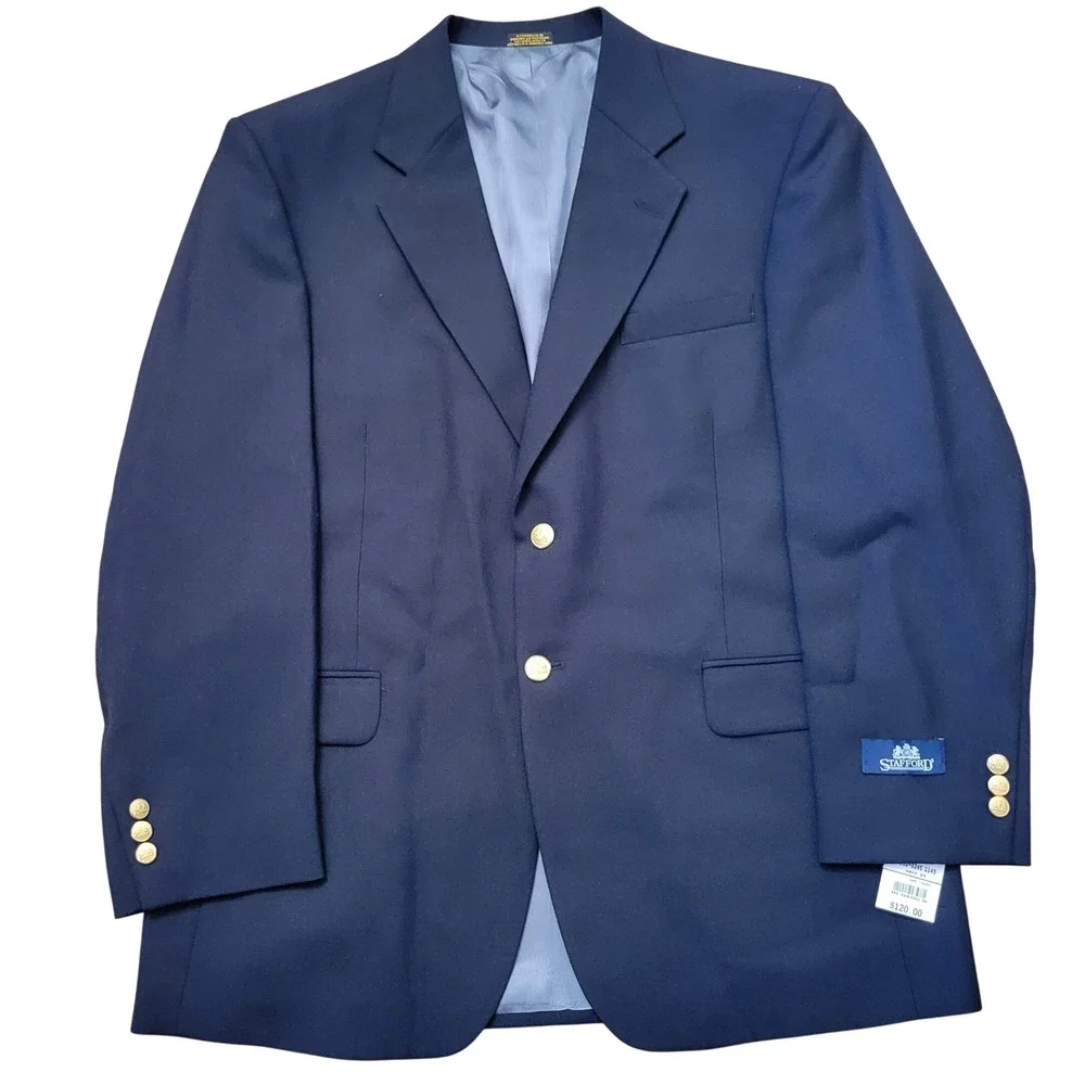 Stafford 42R Hopsack Blazer Navy Blue Gold Crest‎ Buttons NEW Nautical Preppy